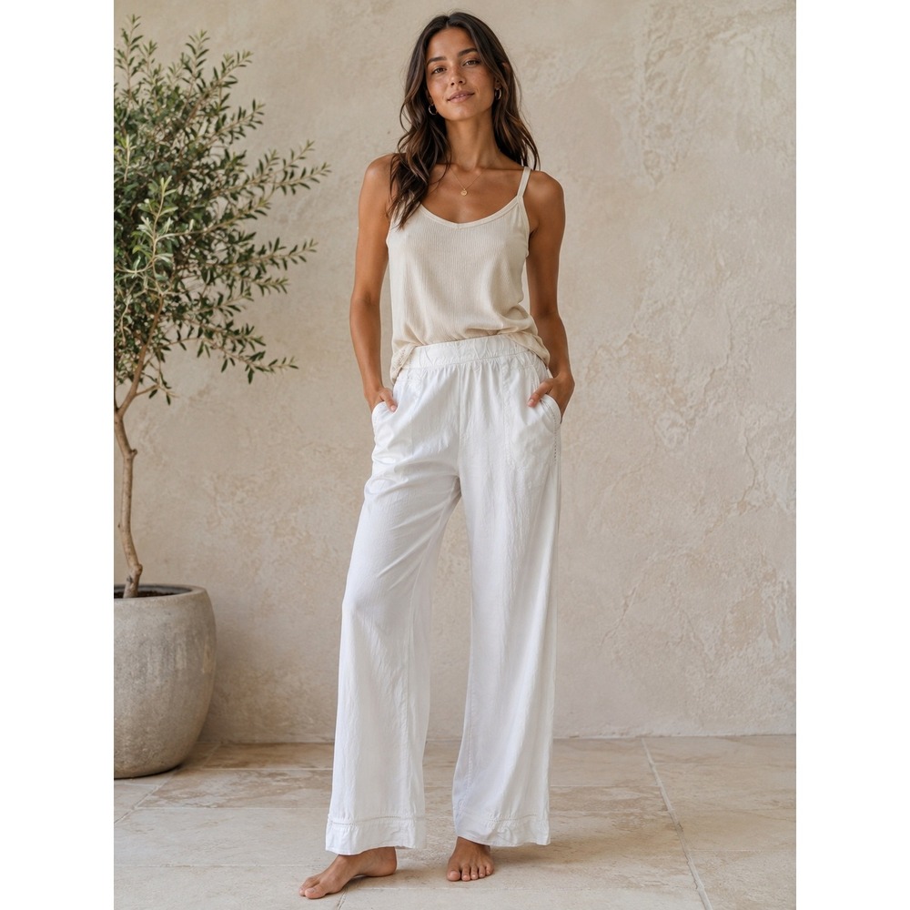 Bella Dahl White Tencel Wide Leg Crochet Trim Resort Pants Women's Large